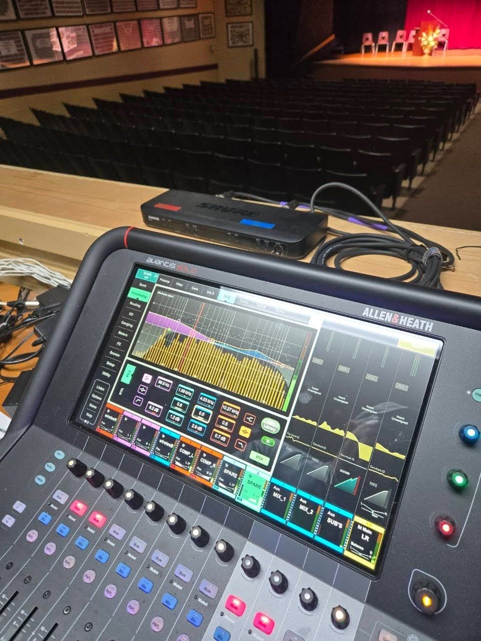Allen & Heath digital mixing console in a Chickasaw County auditorium